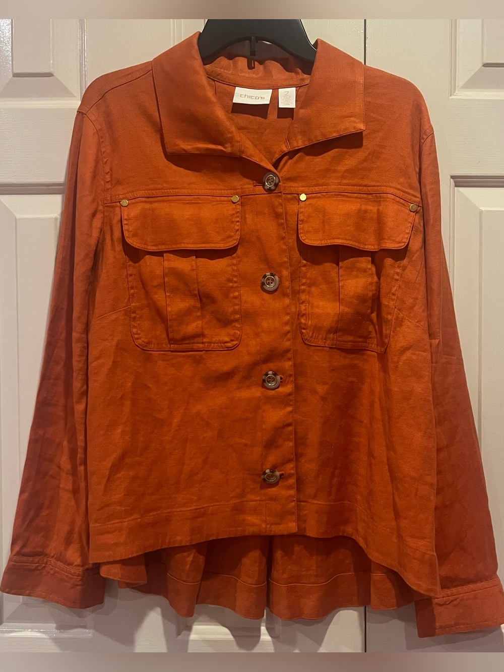 Chico's Linen Blend Button Front Jacket Pockets Size 2 Orange